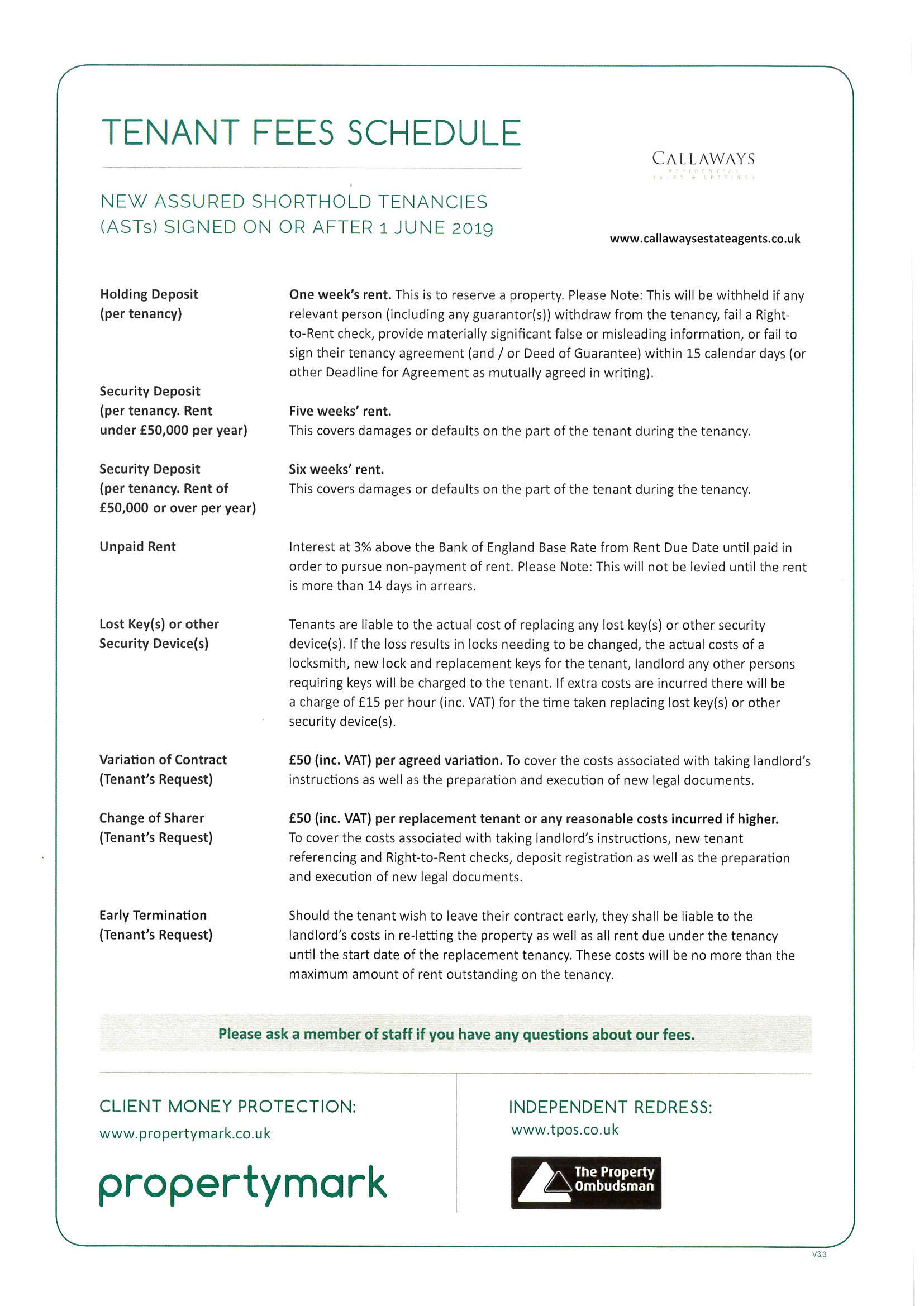 Tenant fees for NEW tenancies June 2019